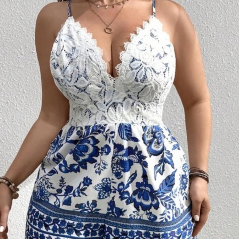 Blue and White Floral Lace Romper.